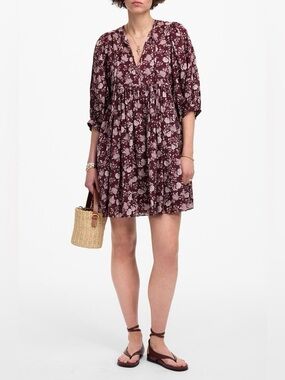 Madewell Floral V-Neck Mini Dress in Burgundy Sz L